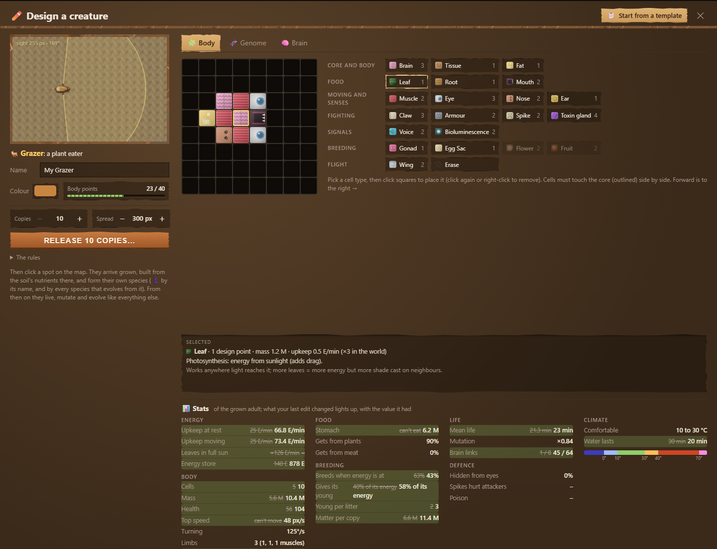 The Design a creature dialog with the Grazer template loaded