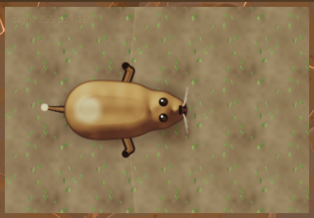 The Grazer as it looks in the world: a furry brown body with eyes and legs