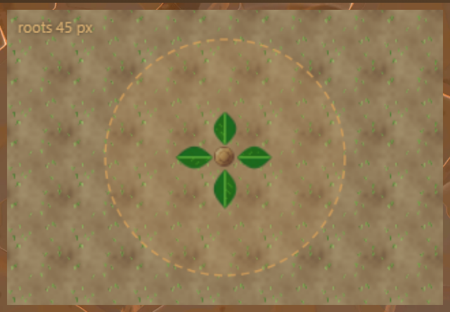 The Sprout as it looks in the world: four green leaves round a brown root knot